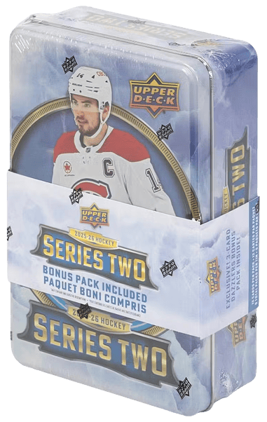 Augsta kvalitātes 2025-26 Upper Deck Series 2 hokeja kolekcijas metāla kaste ar bonus paketi.