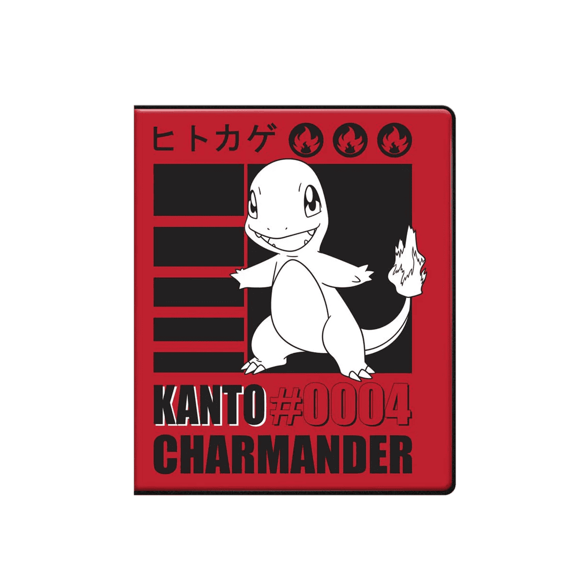 Pokémon Kanto Charmander ar uguns spēka simboliem un aizsargājošu dizainu.